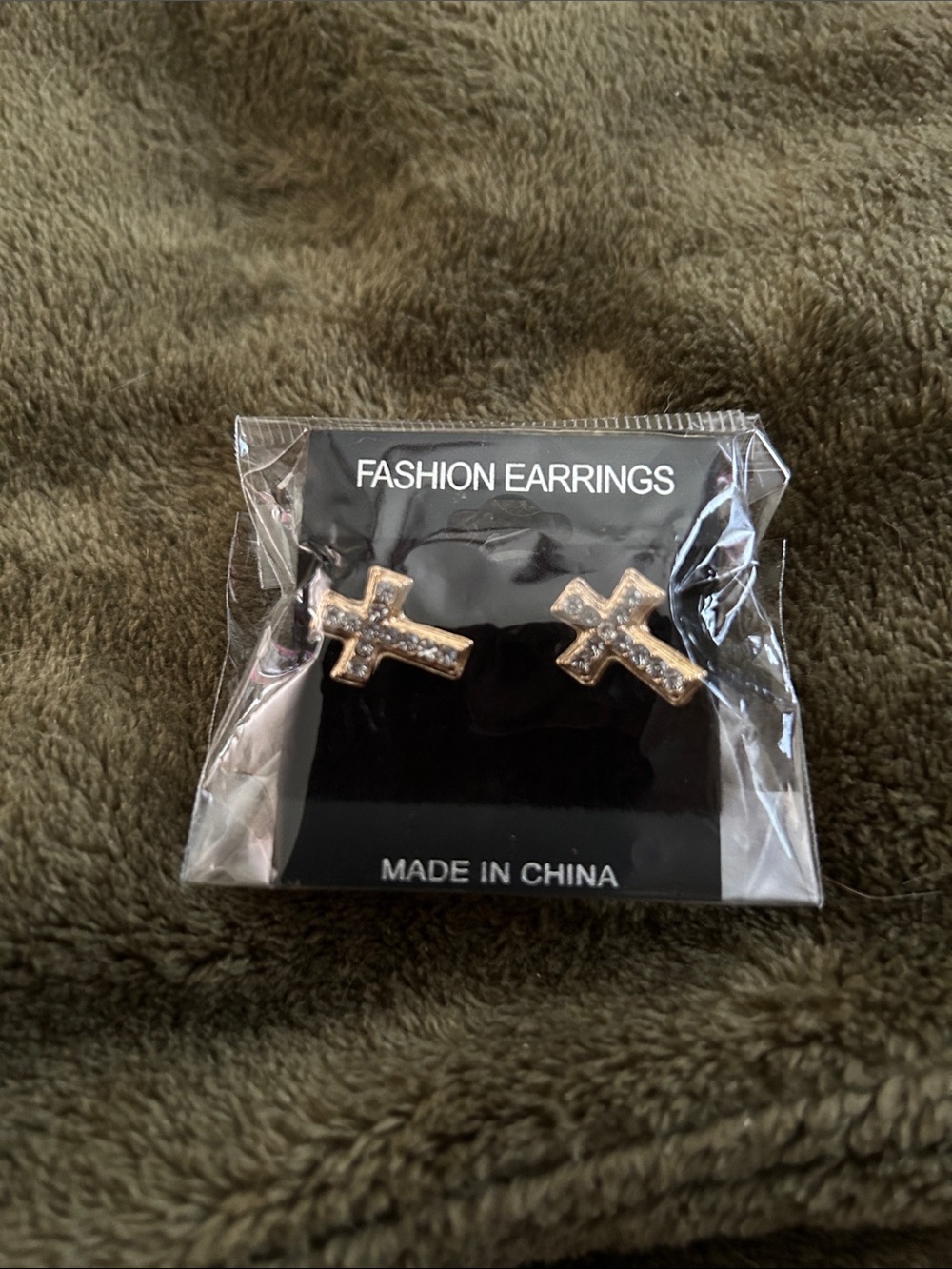 Gold Cross Stud Earrings with Crystal Accents -